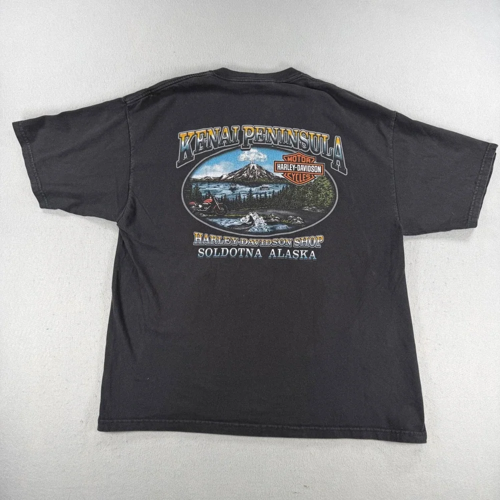 Vintage Harley Davidson Alaska T Shirt Mens XL Black Eagle Wolf Kenai Peninsula